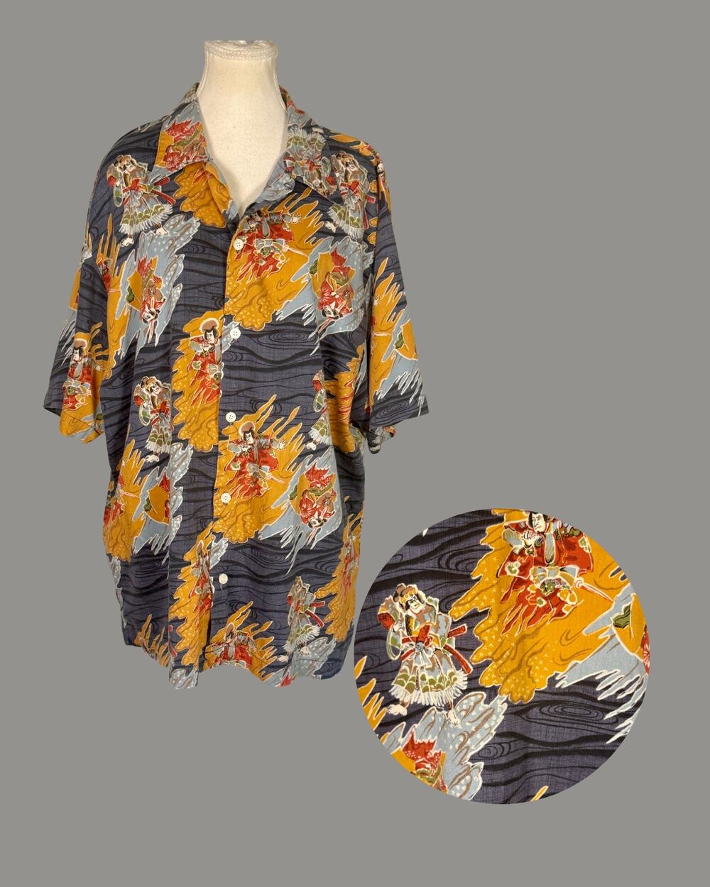 Vintage 90s Early 2000s Counter Culture Japanese Samurai Print Aloha Shirt XL